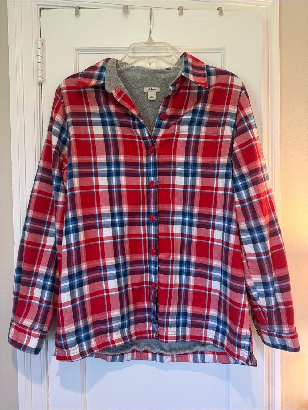 Women’s L.L. Bean Red, Navy & White Plaid Sherpa-Lined Shirt Jacket